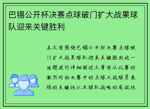 巴锡公开杯决赛点球破门扩大战果球队迎来关键胜利